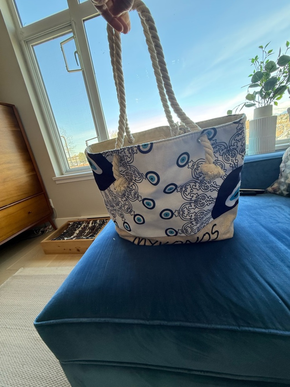 Canvas Rope-Handle Tote Bag in White and Blue